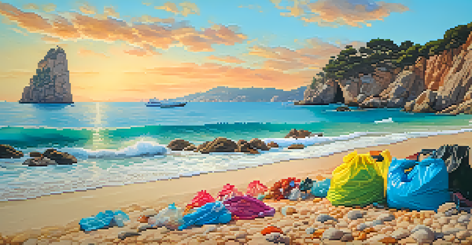 Travelers participating in a beach clean-up on Costa Brava, with clear waters and a beautiful sunset in the background.