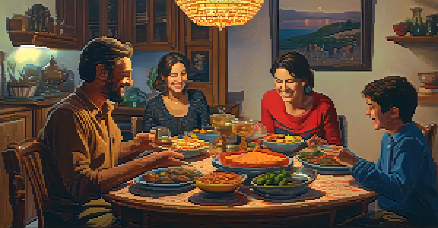 A Spanish host family sharing a meal in a cozy living room, surrounded by cultural decorations and laughter.
