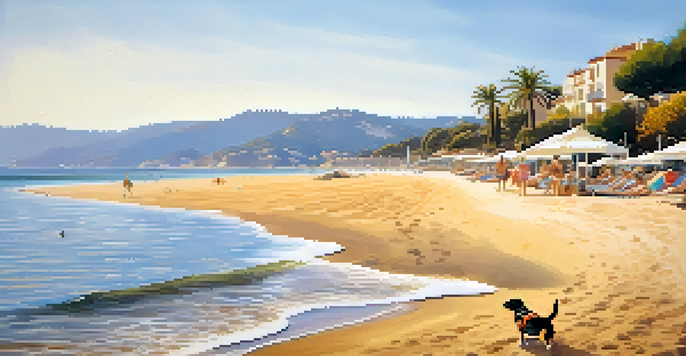 A joyful dog playing on the beach with the Mediterranean Sea in the background.
