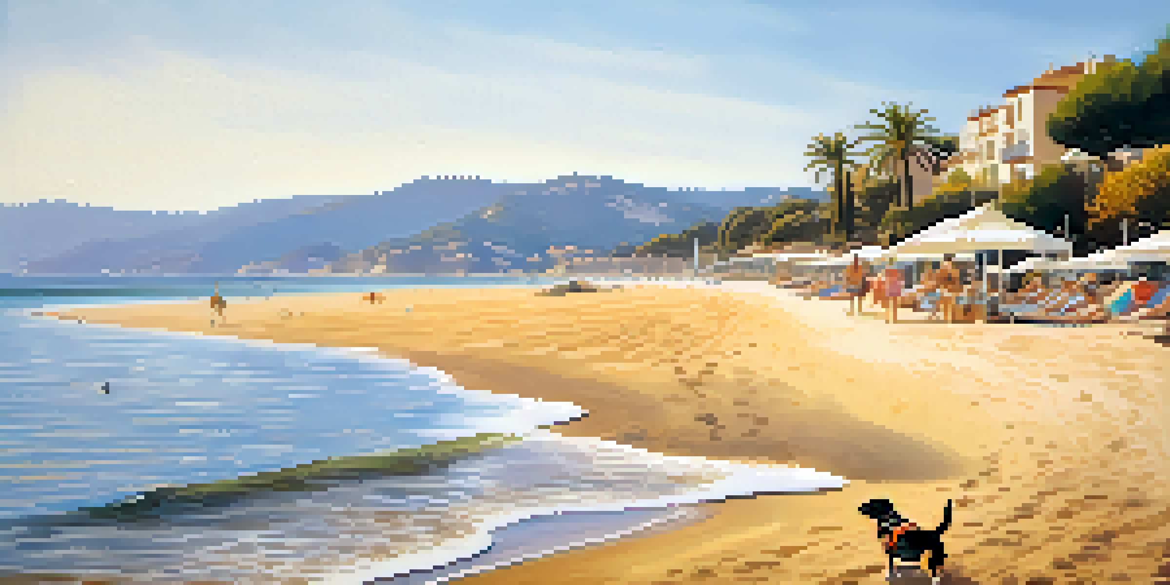 A joyful dog playing on the beach with the Mediterranean Sea in the background.