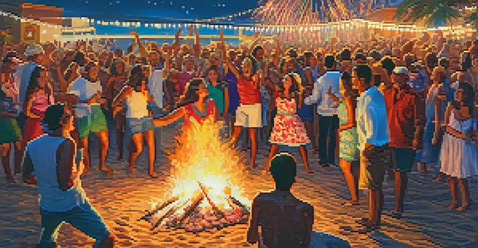 A lively beach festival with bonfires and fireworks during the Fiesta de San Juan, showcasing people celebrating together.