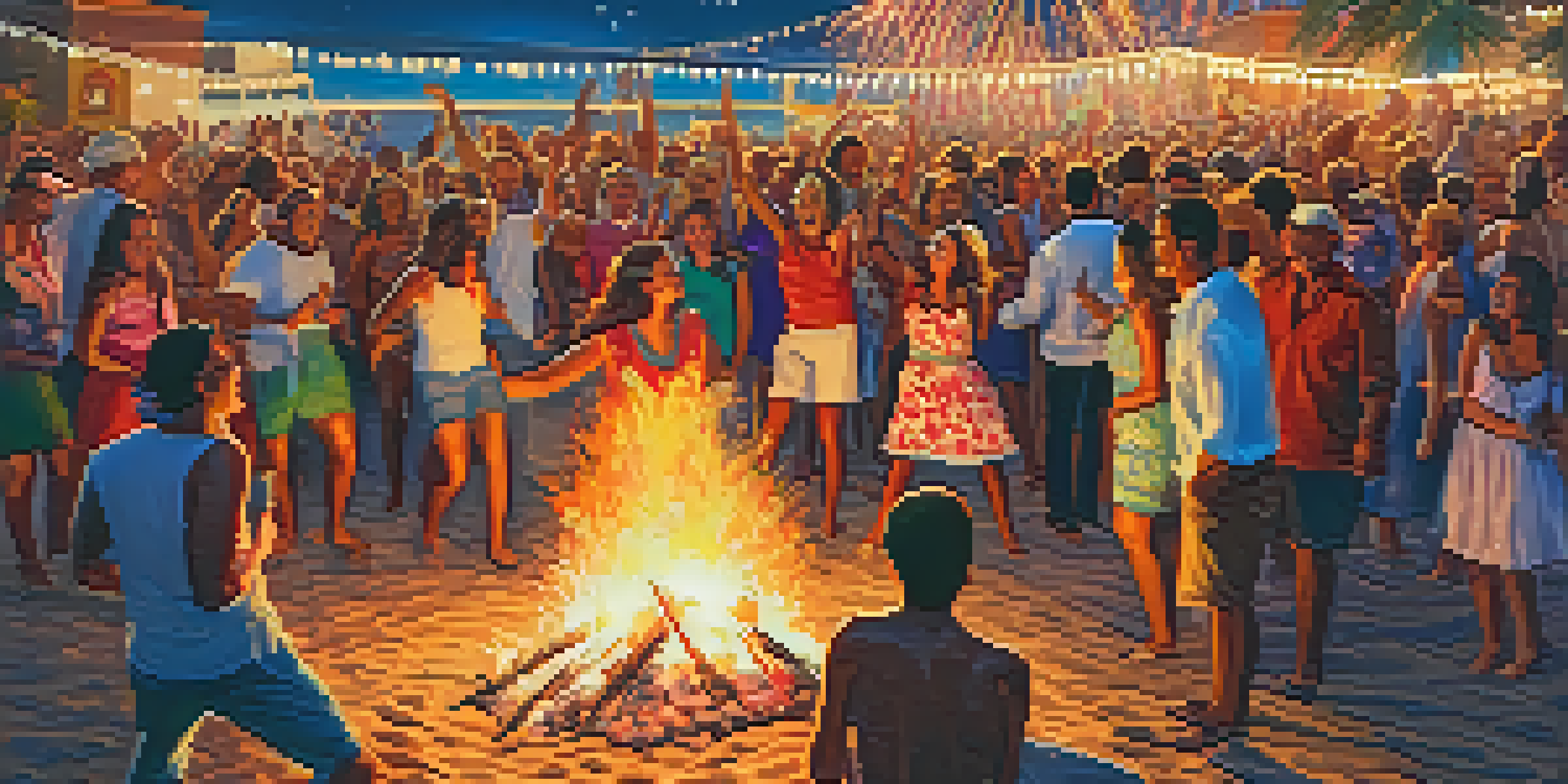 A lively beach festival with bonfires and fireworks during the Fiesta de San Juan, showcasing people celebrating together.