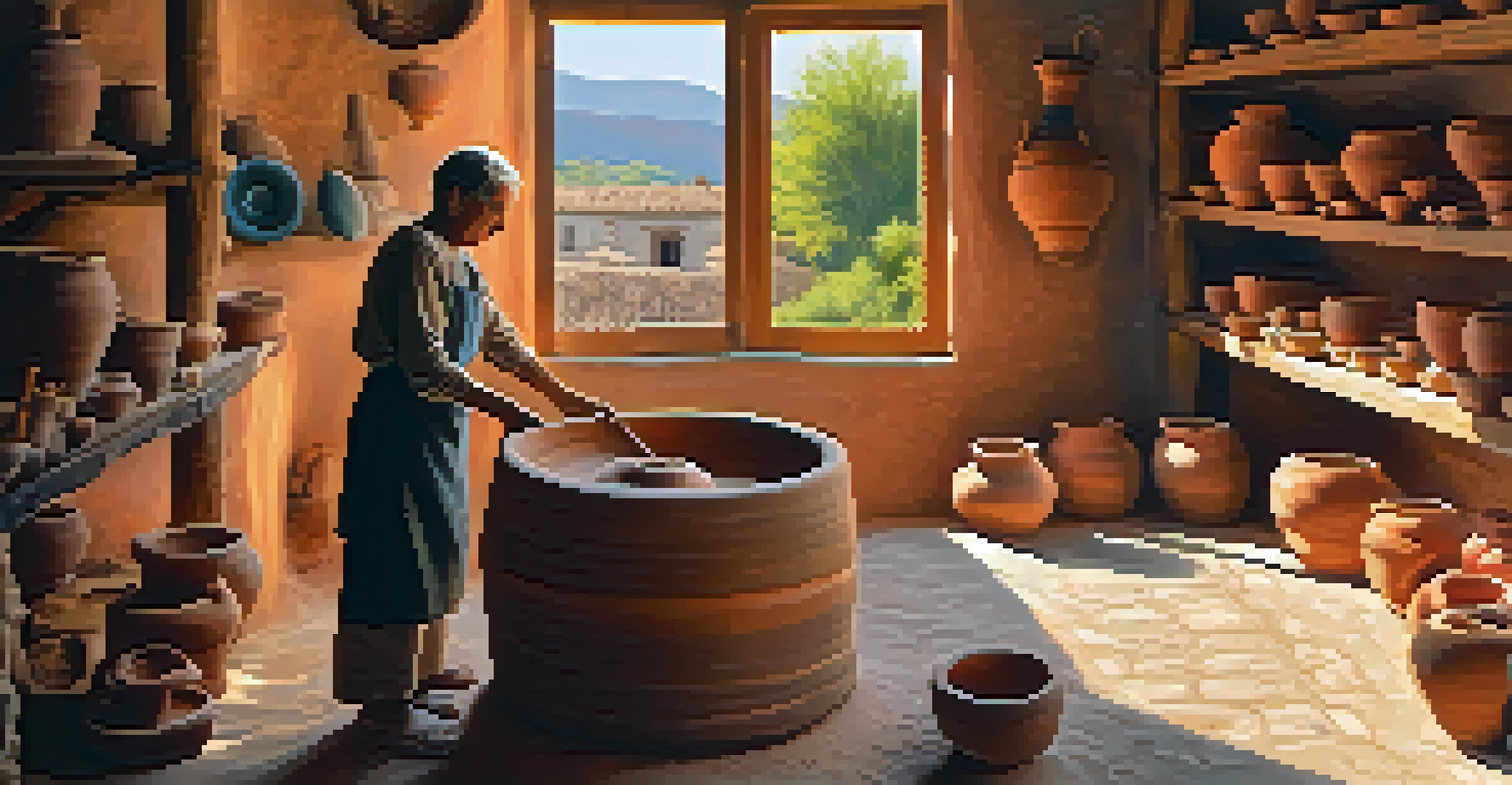 A potter working in a vibrant artisan workshop filled with colorful pottery and sunlight streaming through the windows.