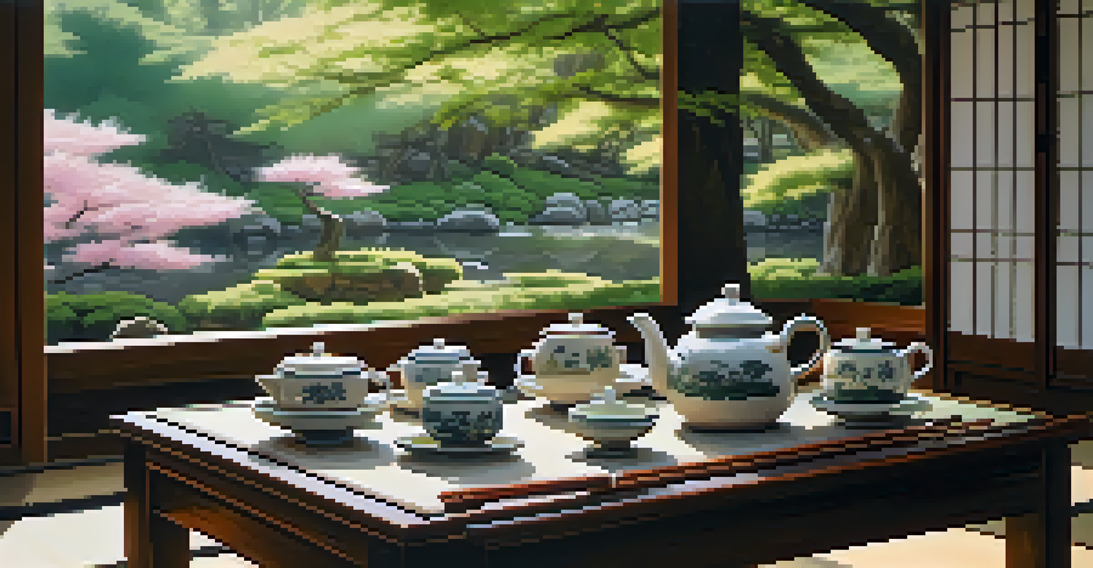 A traditional tea ceremony set in a peaceful Japanese garden, with a tea set on a wooden table surrounded by cherry blossoms and soft sunlight filtering through trees.