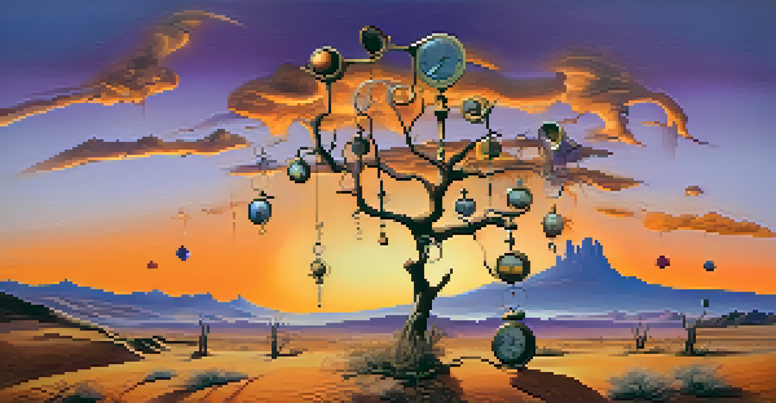 A surreal landscape with melting clocks on a tree in a colorful desert at sunset, reflecting a dreamlike atmosphere.