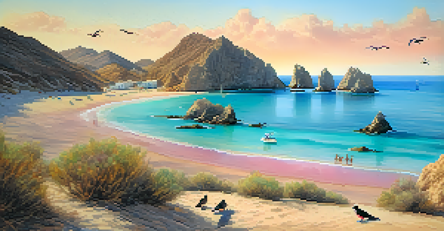 A family enjoying a beach day at Cabo de Gata-Níjar Natural Park, snorkeling and birdwatching with a sunset background.