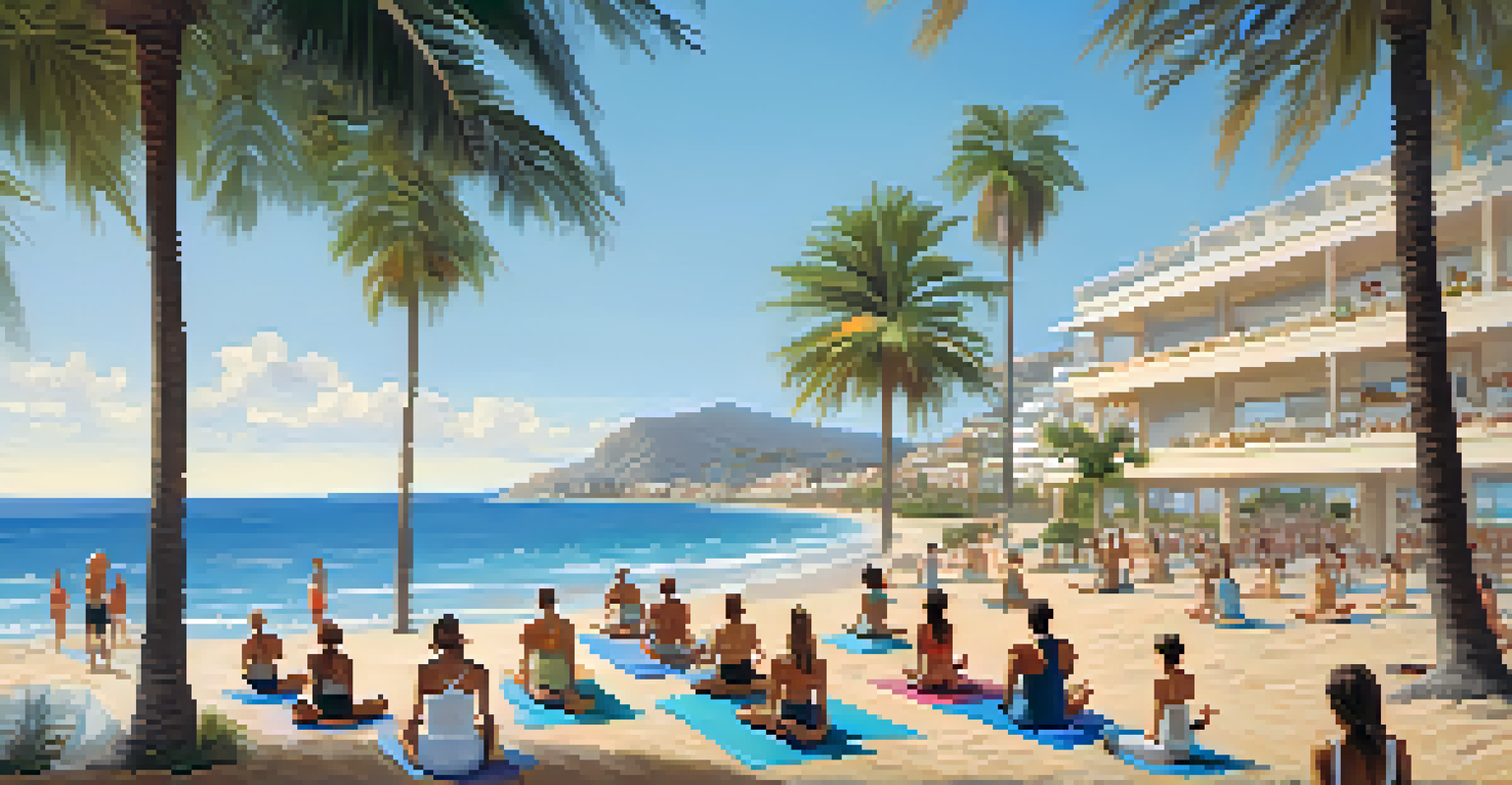 A beautiful beach scene at Costa del Sol with a wellness center, showcasing sandy beaches, clear waters, and yoga classes in the foreground.