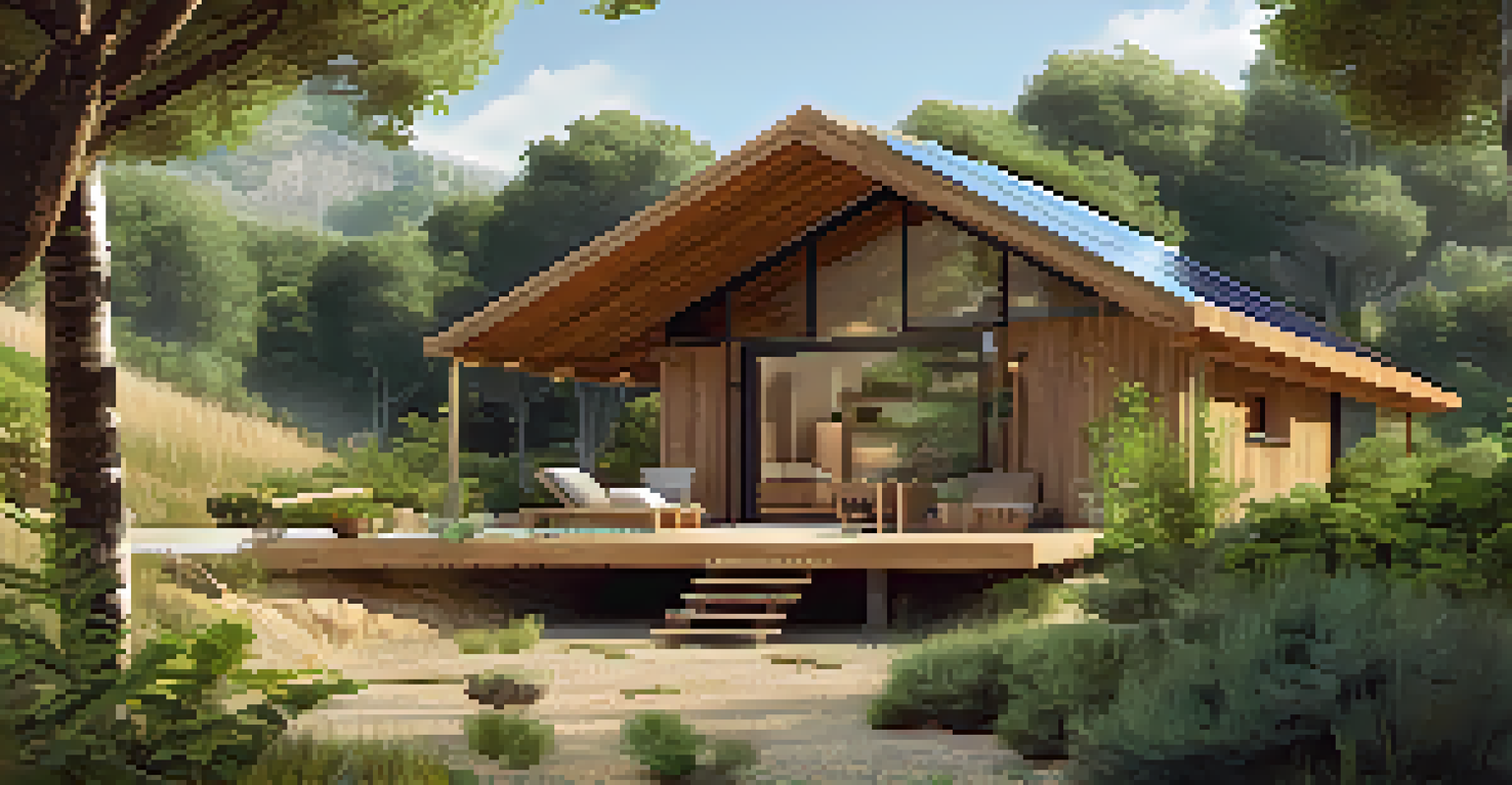 An eco-lodge surrounded by a lush forest, featuring solar panels on the roof and an organic garden, showcasing sustainable living in a natural setting.