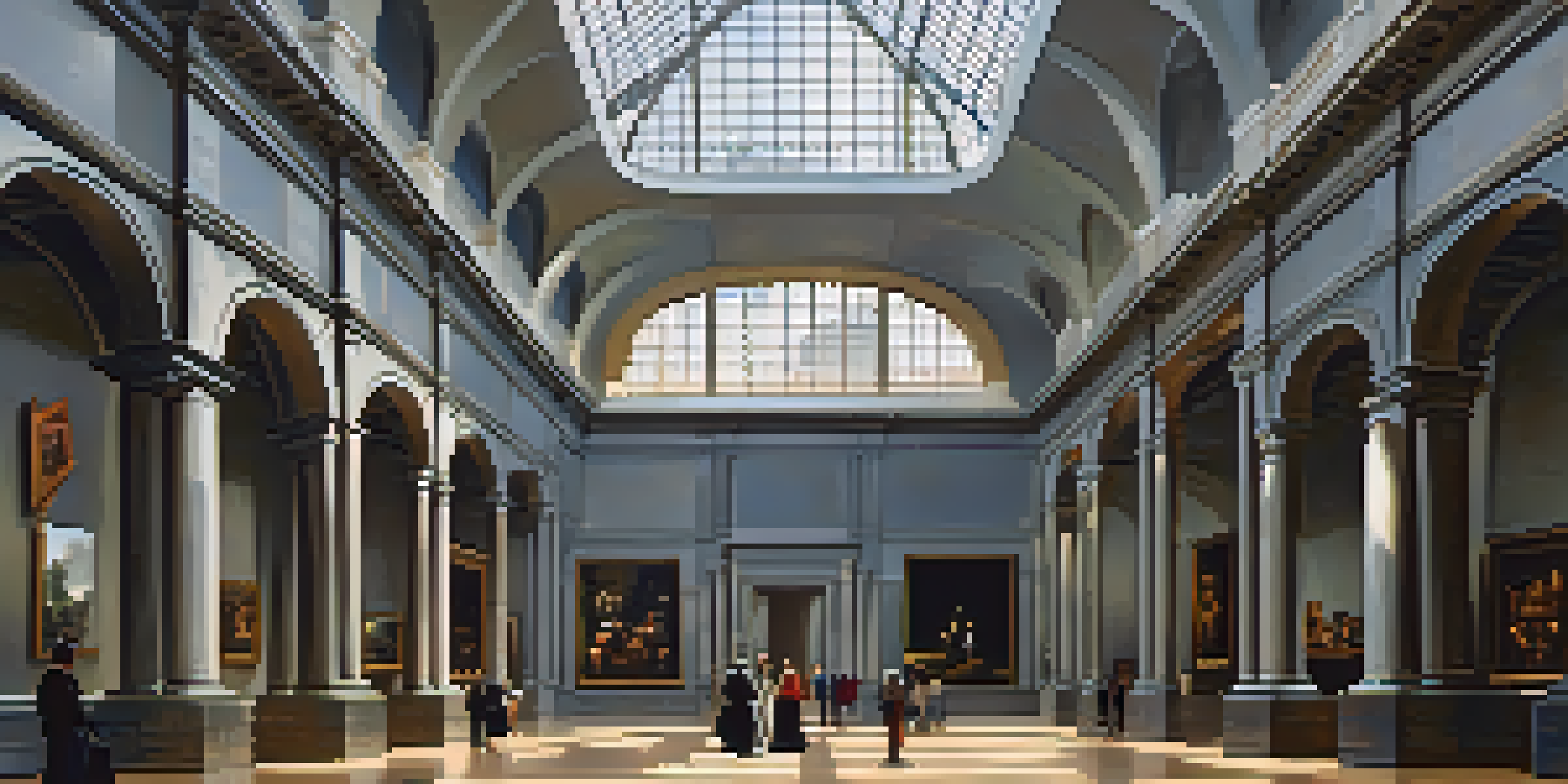 An interior view of the Museo del Prado, highlighting its architecture and famous paintings, with sunlight pouring in through large windows.