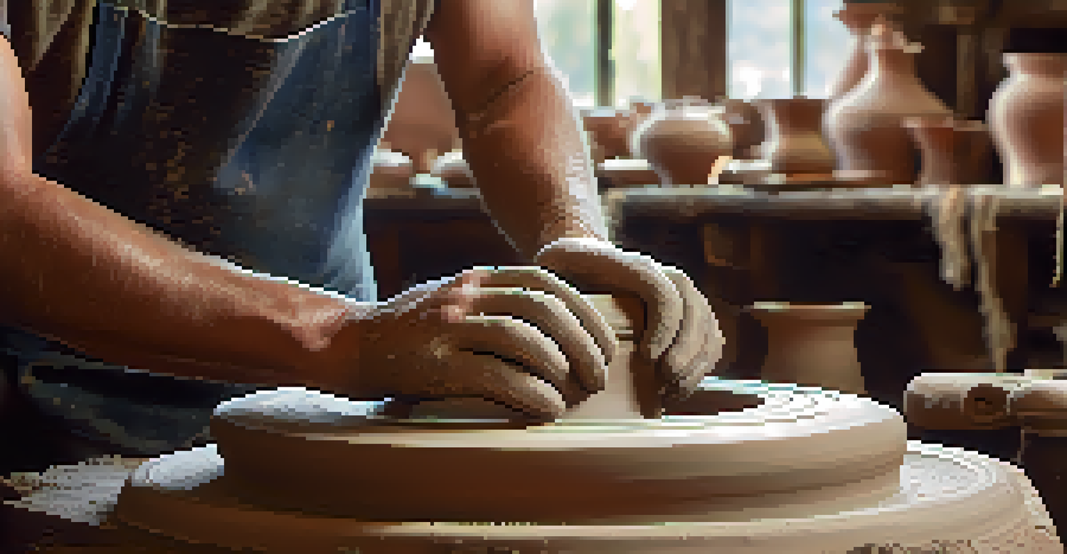 An artisan shaping clay on a potter's wheel, with finished ceramics around them in a warm workshop.
