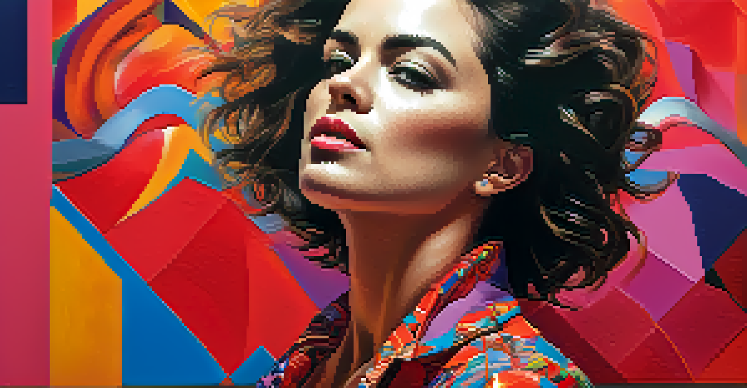 A powerful portrait of a female character in colorful clothing, set against an abstract background.