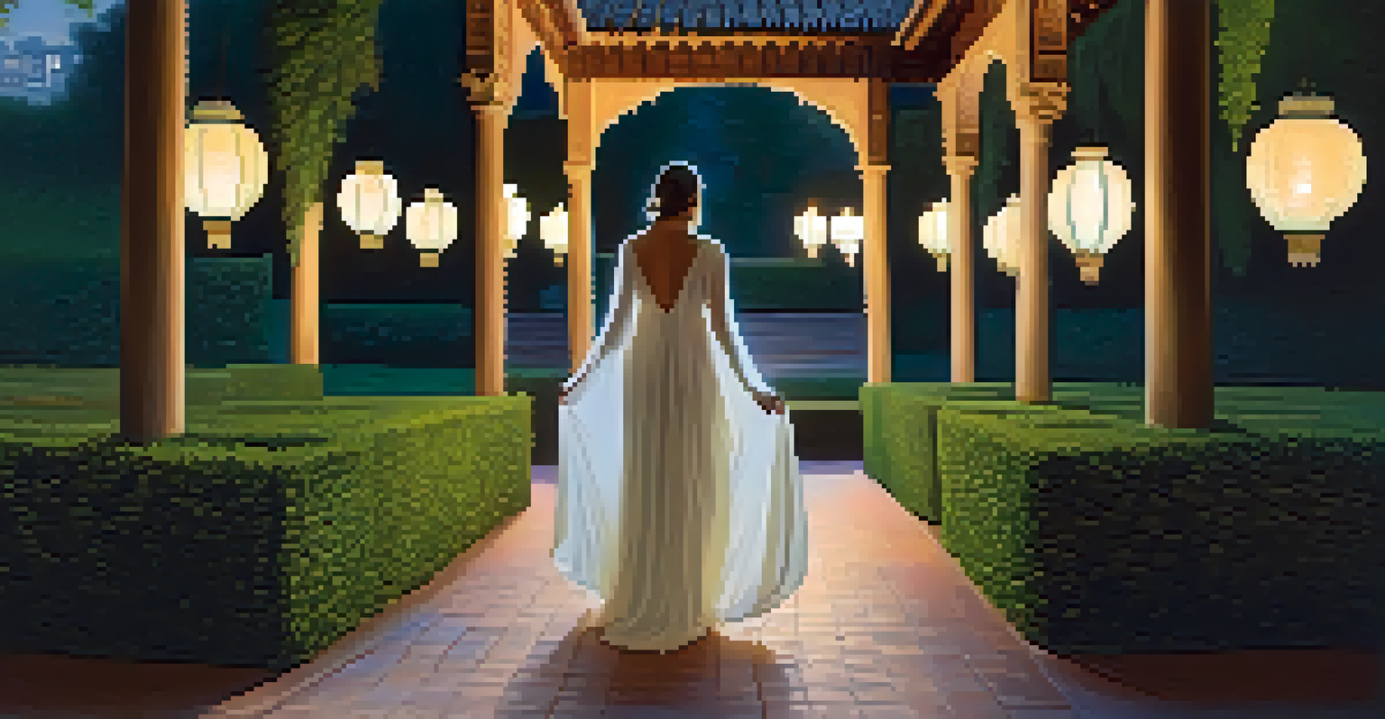 A ghostly figure in a white dress walking through the Alhambra gardens at dusk, surrounded by lantern light.