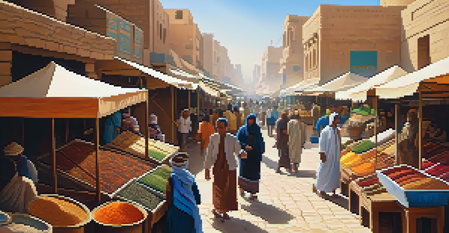 A bustling Egyptian marketplace with artisans selling crafts near the Pyramids of Giza under bright sunlight.