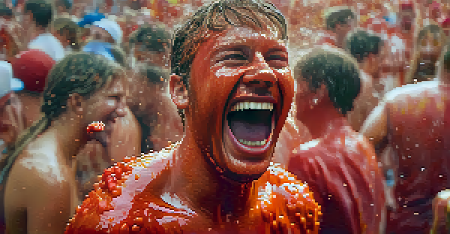 Close-up of a smiling participant at La Tomatina, covered in tomato pulp and holding a squished tomato, with a lively festival atmosphere in the background.