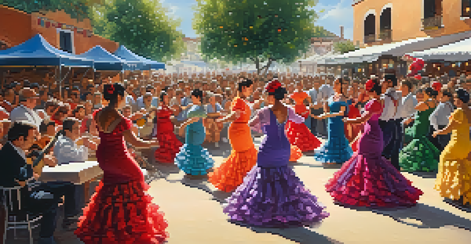 A group of flamenco dancers in colorful costumes performing at a lively festival, with an enthusiastic audience around them.