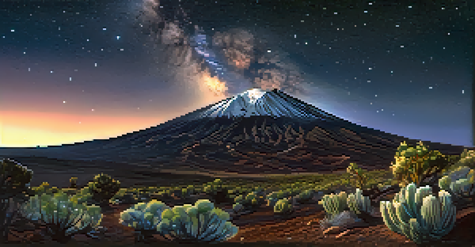 A starry night sky over Teide National Park with Mount Teide and volcanic rock formations illuminated by moonlight.