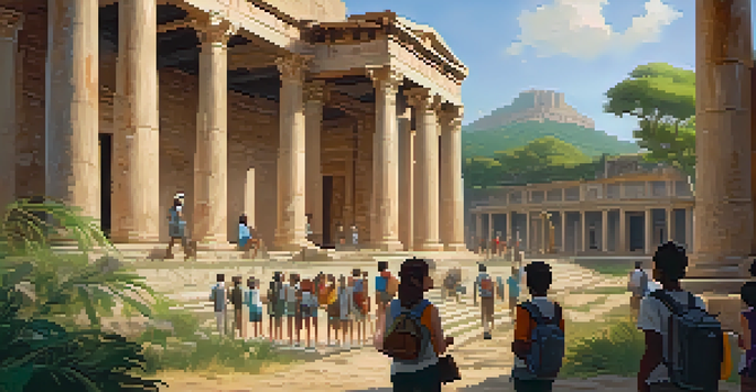 A group of students on a guided tour at a historical site, with a guide explaining ancient artifacts amidst lush greenery.