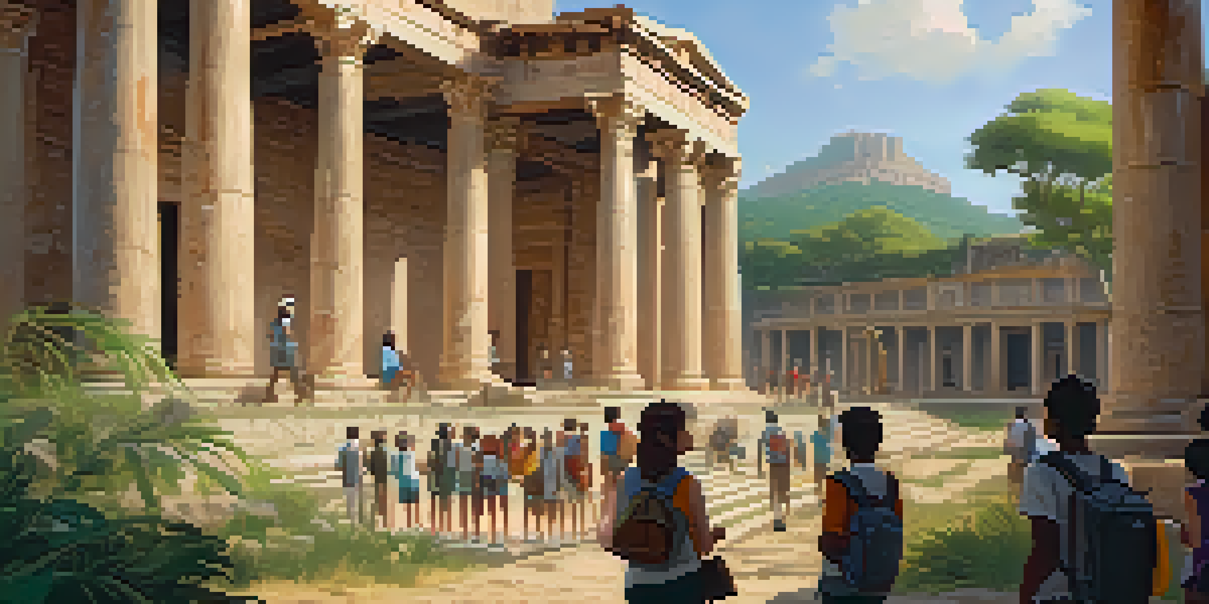 A group of students on a guided tour at a historical site, with a guide explaining ancient artifacts amidst lush greenery.