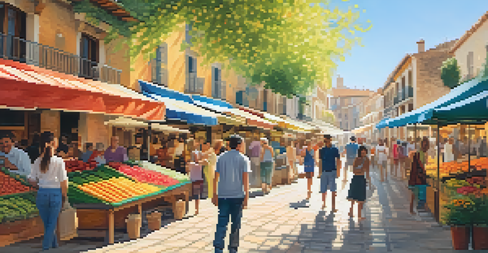 A lively street scene in a Spanish town where friends greet each other warmly, surrounded by a colorful market.