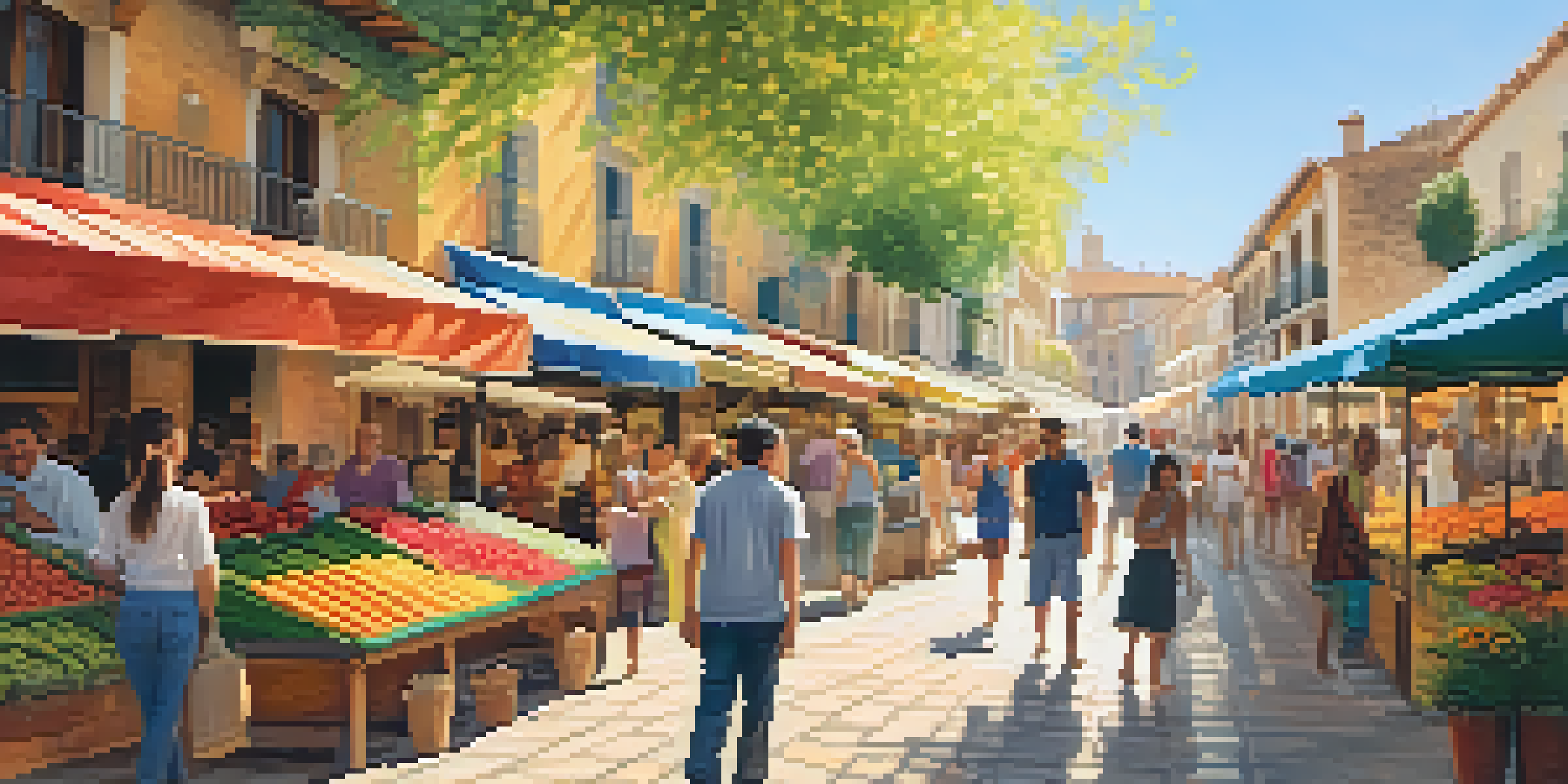 A lively street scene in a Spanish town where friends greet each other warmly, surrounded by a colorful market.