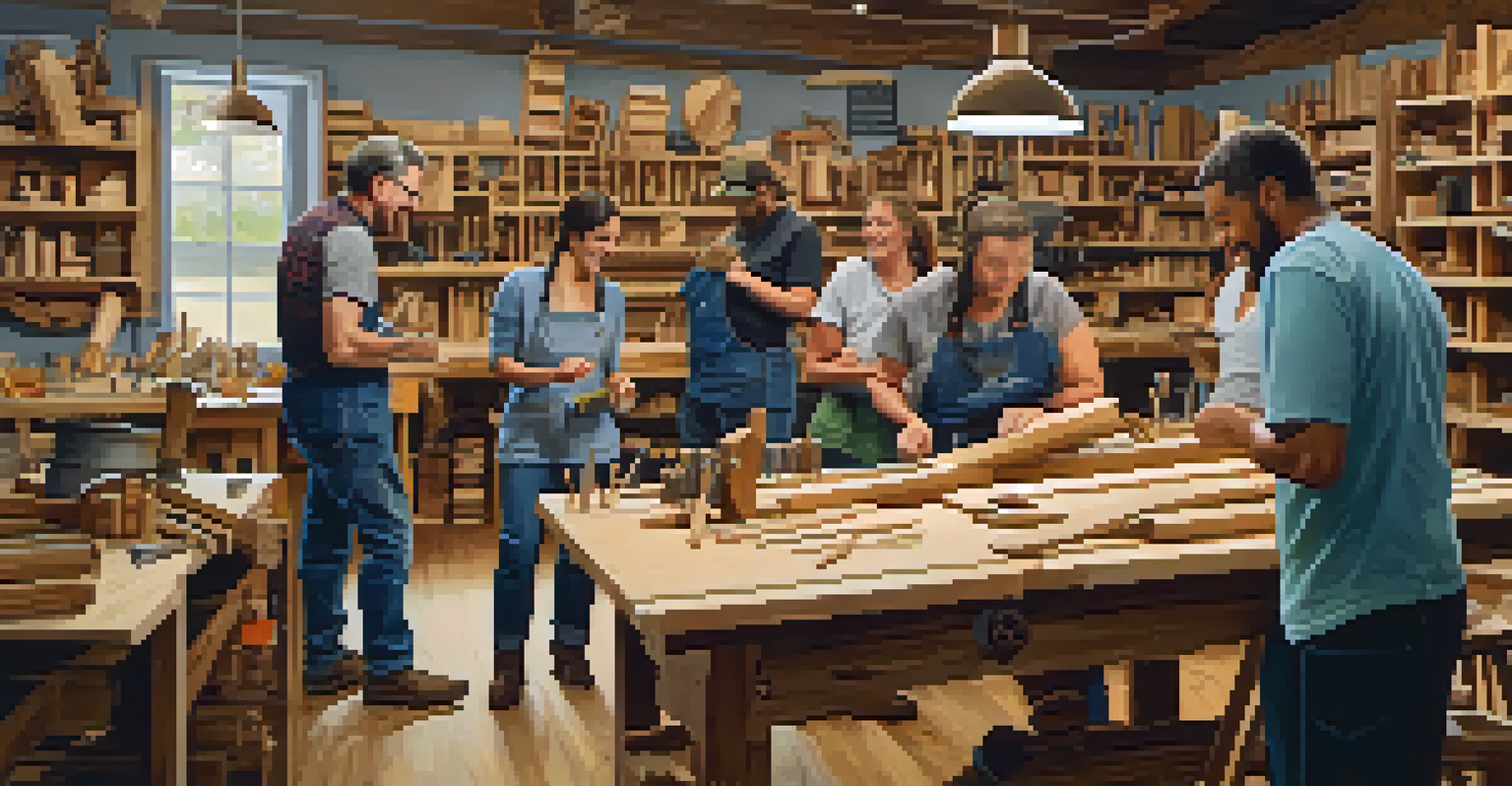 A lively woodworking workshop with participants collaborating and crafting, surrounded by tools and wooden materials.
