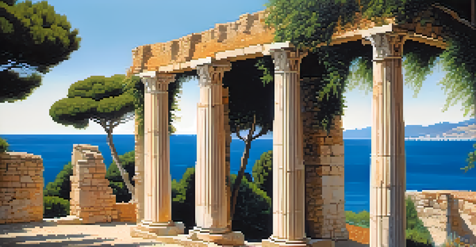 A peaceful landscape showcasing the ancient ruins of Empúries with Mediterranean Sea in the background, highlighting historical architecture and natural beauty.
