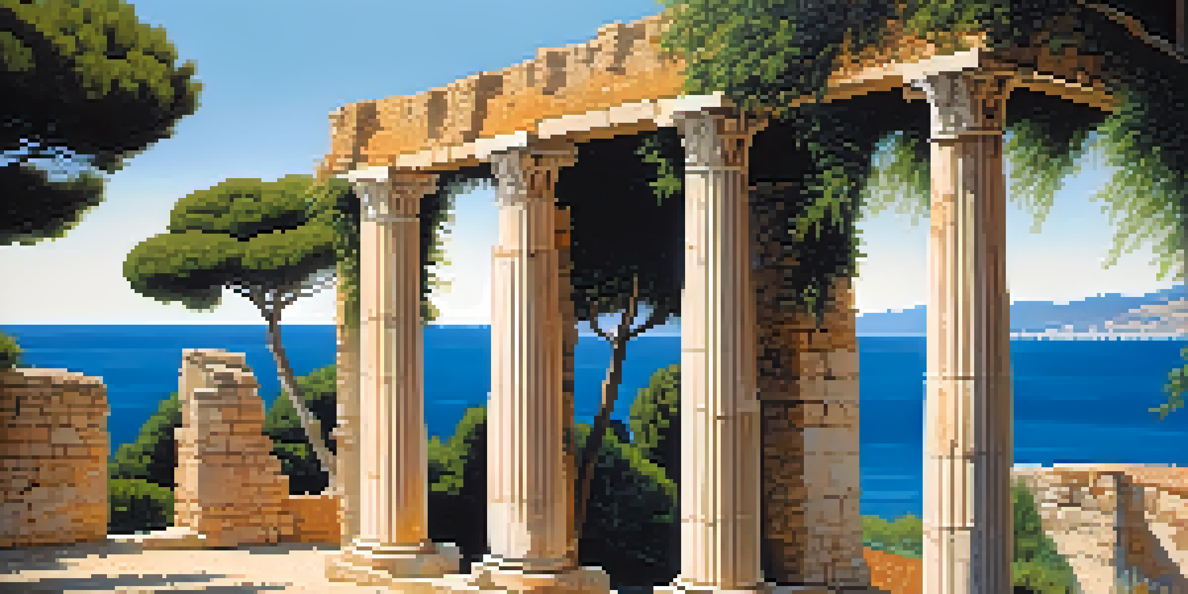 A peaceful landscape showcasing the ancient ruins of Empúries with Mediterranean Sea in the background, highlighting historical architecture and natural beauty.