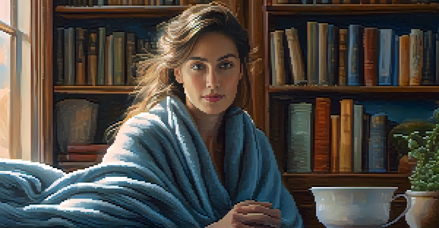 A close-up of a woman holding a steaming cup of tea, wrapped in a cozy blanket in a softly lit room.