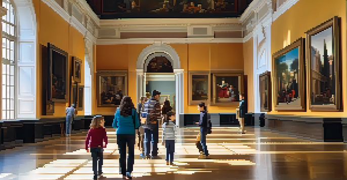 A family with children admiring artwork in the Museo Nacional del Prado, with sunlight illuminating the scene.