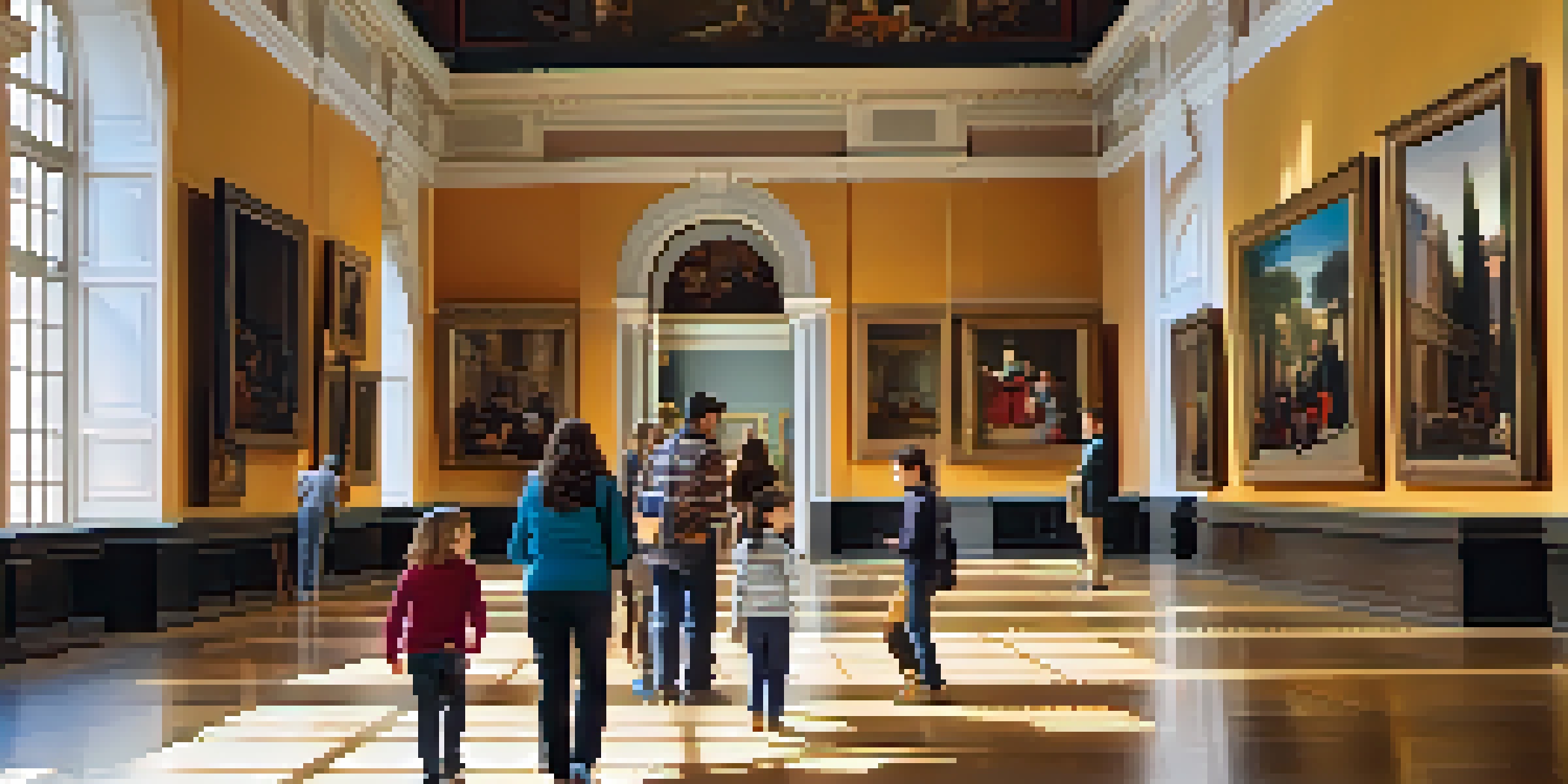 A family with children admiring artwork in the Museo Nacional del Prado, with sunlight illuminating the scene.