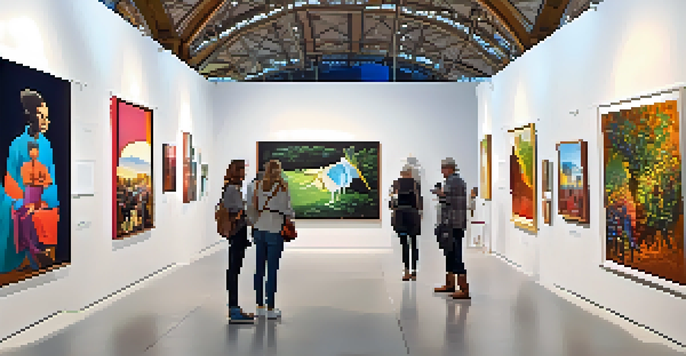 A bustling art fair with visitors exploring various contemporary art installations in a brightly lit exhibition hall.