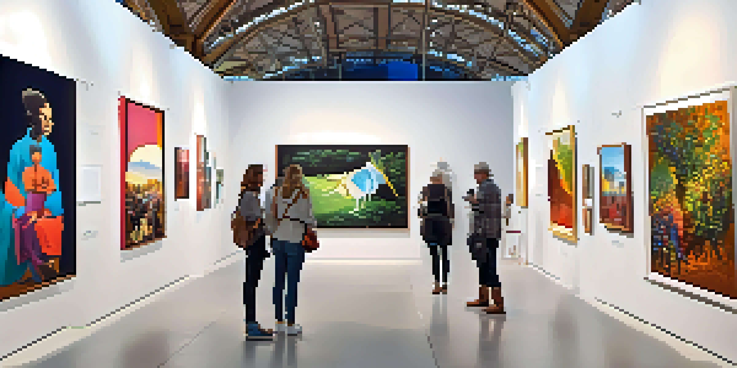 A bustling art fair with visitors exploring various contemporary art installations in a brightly lit exhibition hall.