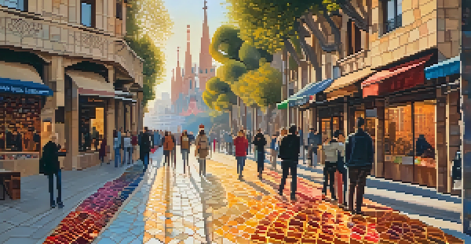A lively street scene in Barcelona with colorful mosaic tiles and unique architectural designs inspired by nature, under a golden sunset.