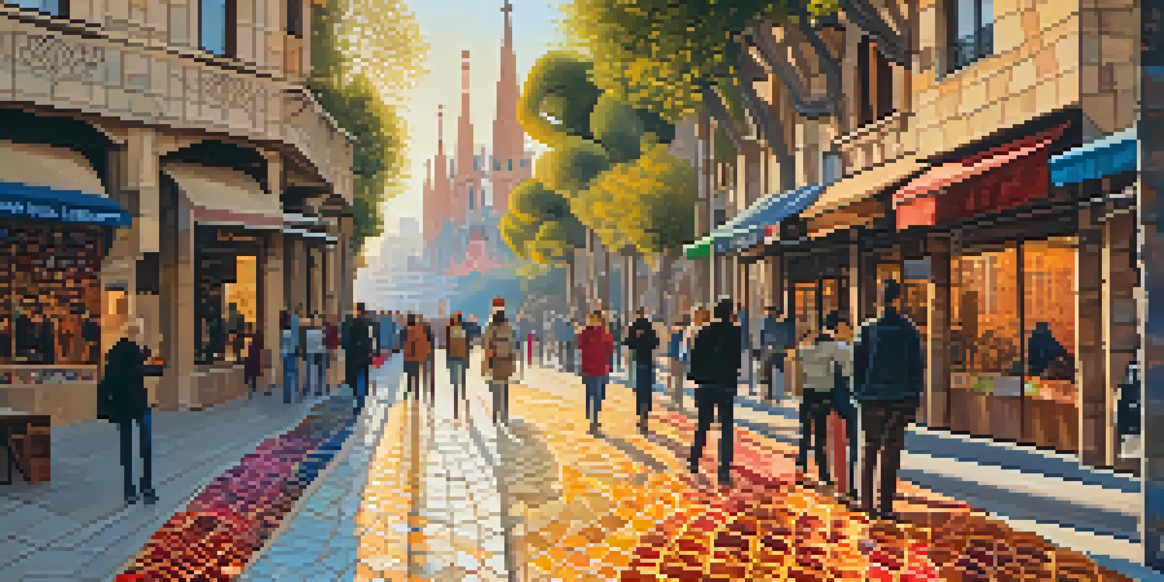 A lively street scene in Barcelona with colorful mosaic tiles and unique architectural designs inspired by nature, under a golden sunset.