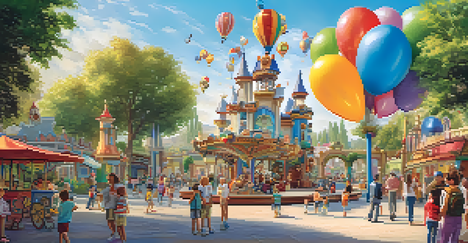 A family enjoying their time at Parque Warner Madrid with cartoon characters and thrilling rides in the background.