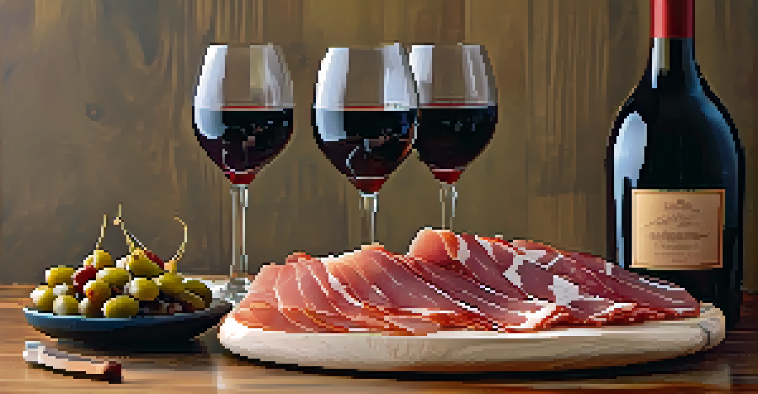 A close-up of a platter featuring slices of jamón ibérico with a glass of red wine and olives, all presented on a wooden board with warm lighting.