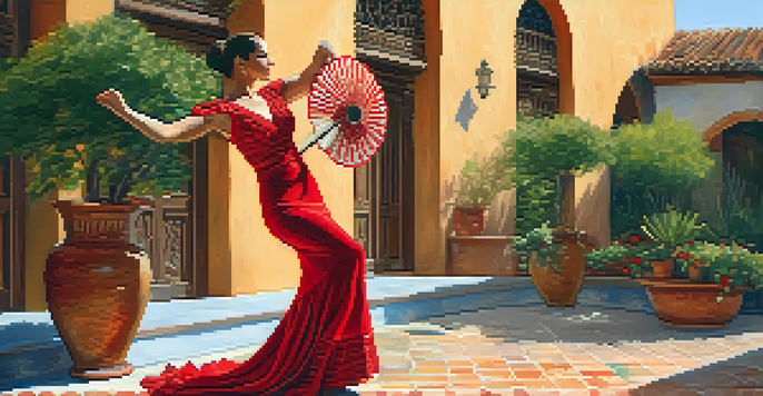 A flamenco dancer in a red dress holding an intricately designed fan in a sunny Spanish courtyard.