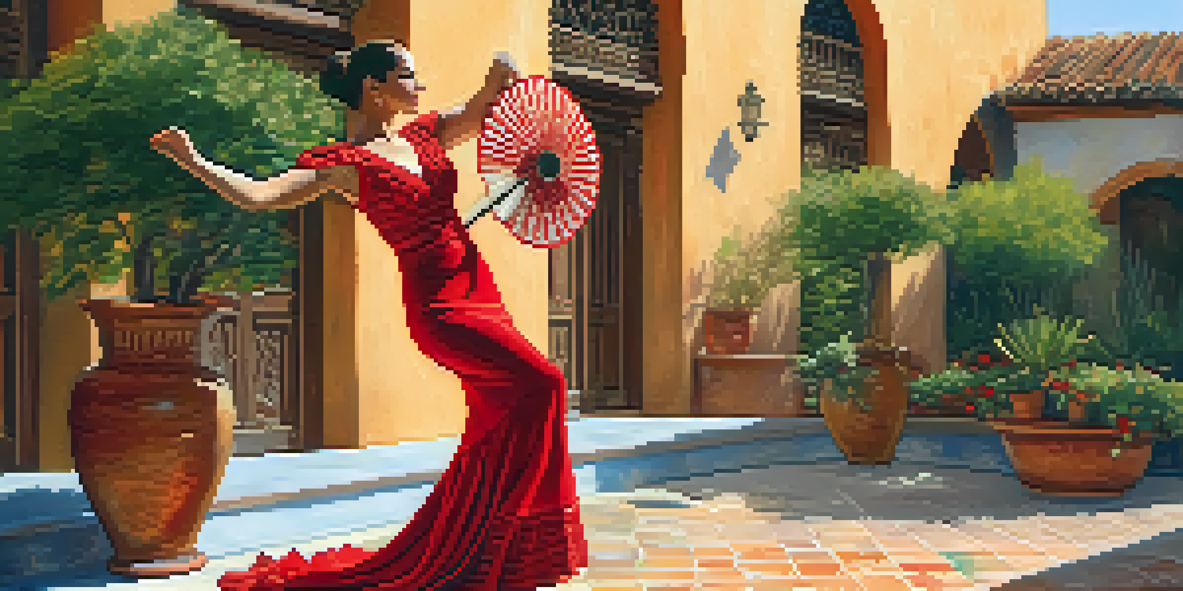 A flamenco dancer in a red dress holding an intricately designed fan in a sunny Spanish courtyard.