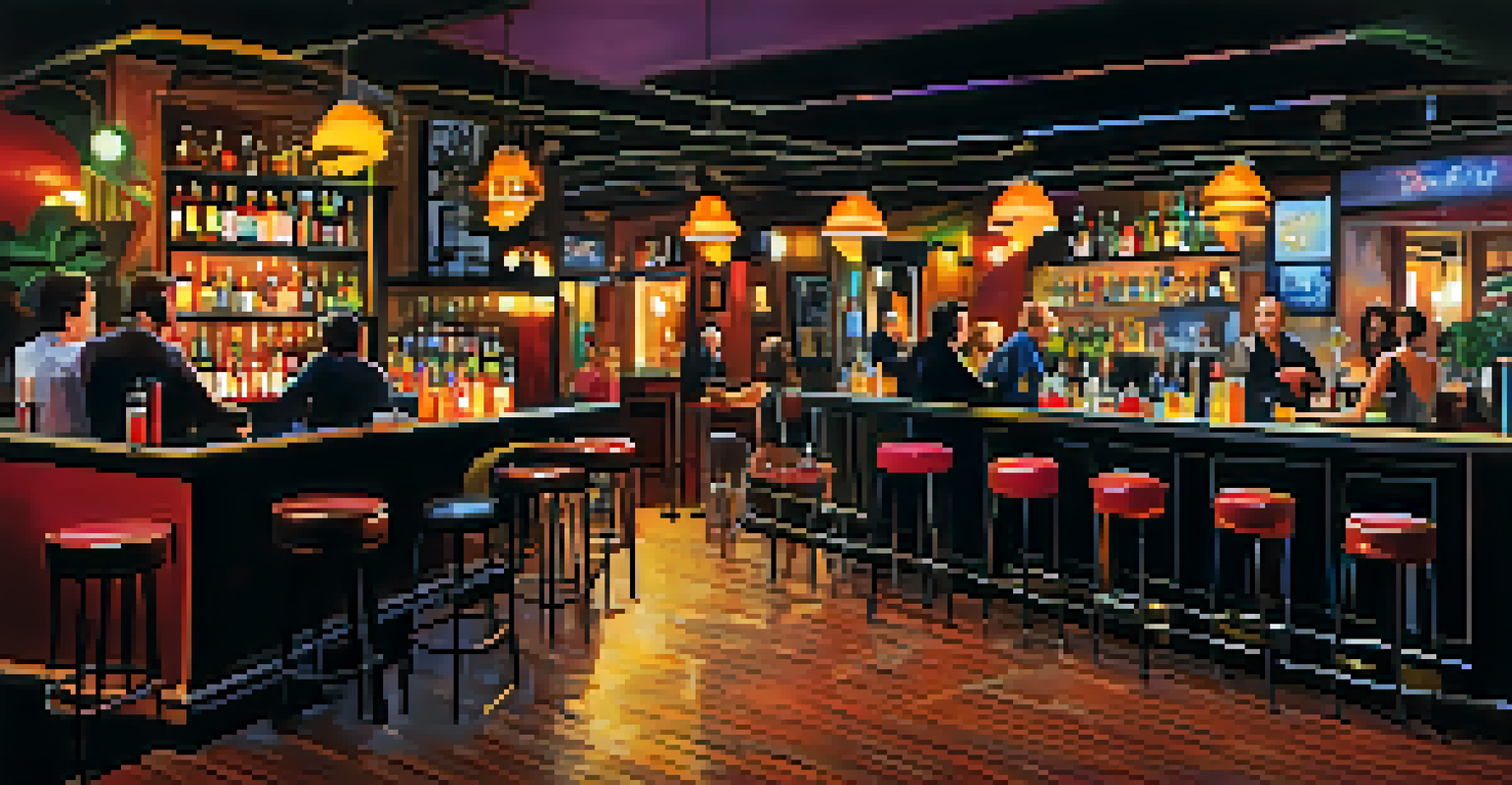 A lively night bar in Valencia with colorful lights, a bartender mixing cocktails, and patrons enjoying the atmosphere.