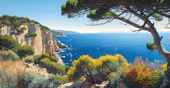 A scenic view of rocky cliffs with colorful wildflowers and the Mediterranean Sea beneath a sunny sky.