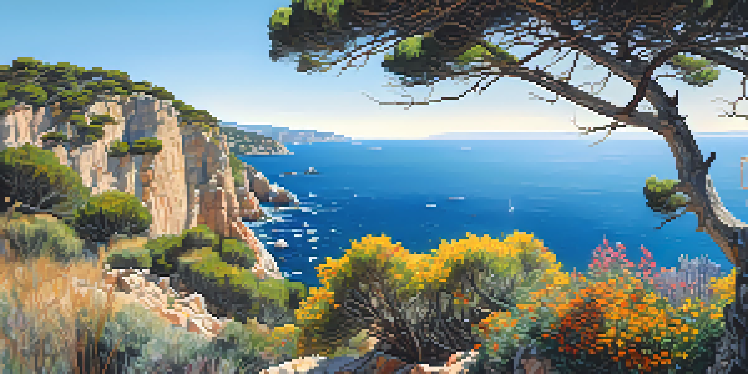 A scenic view of rocky cliffs with colorful wildflowers and the Mediterranean Sea beneath a sunny sky.
