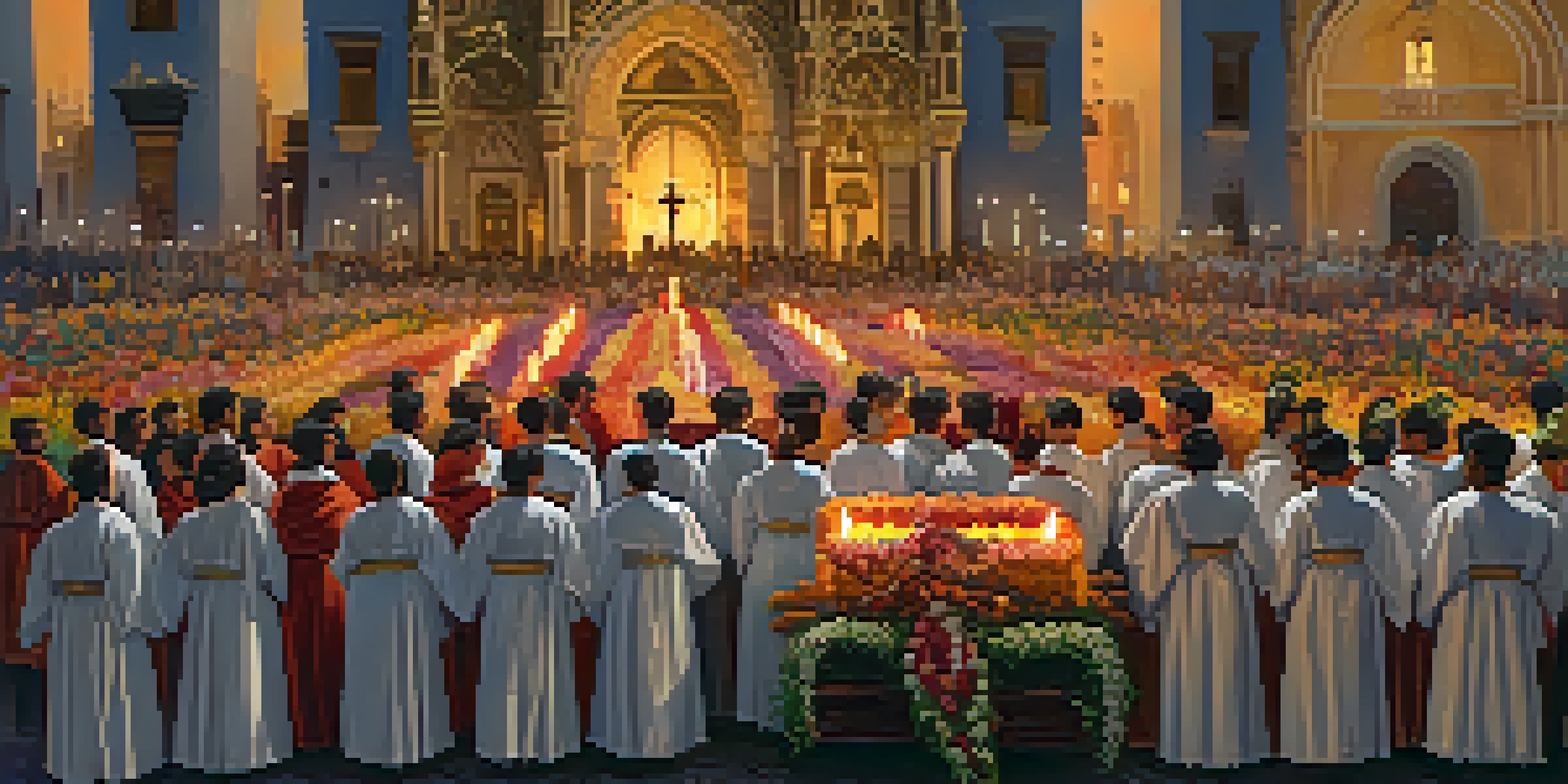 A lively procession during Semana Santa in Seville, featuring decorated floats and spectators in traditional clothing.