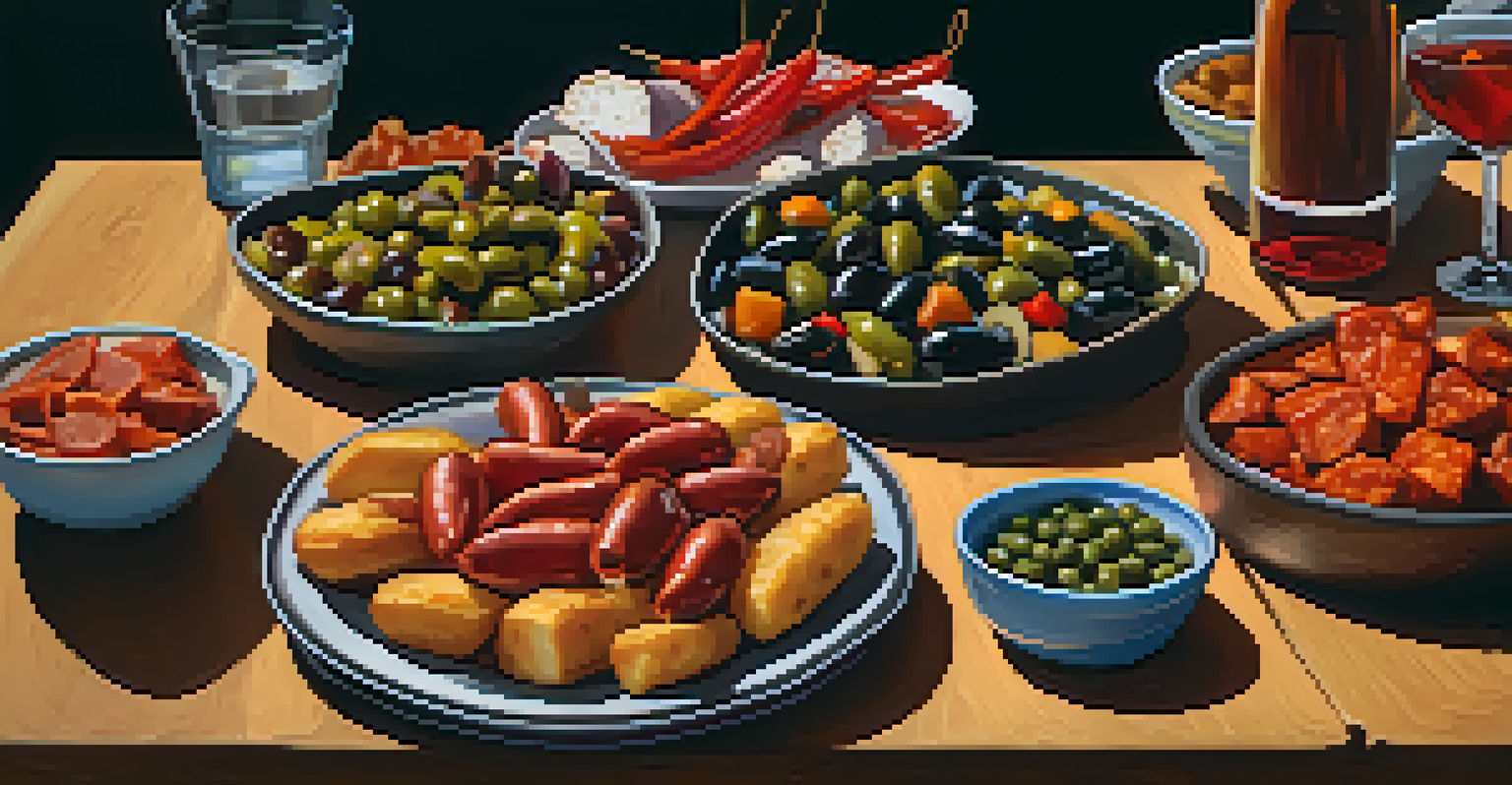 An assortment of tapas dishes including patatas bravas, olives, and chorizo, arranged on a wooden table with a glass of red wine, illuminated by soft lighting.