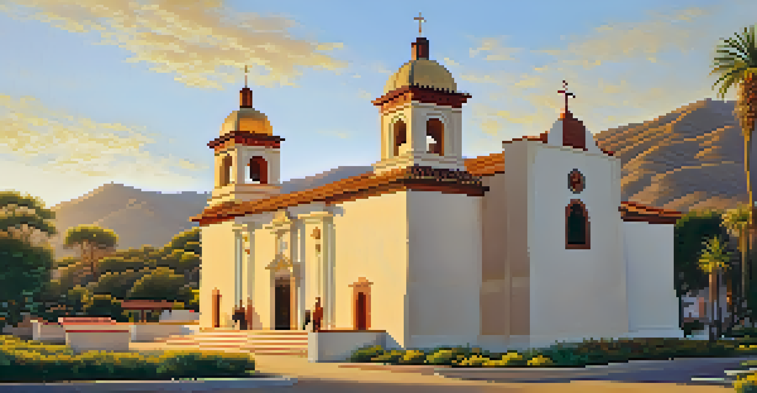 A peaceful sunset view of a traditional mission church, showcasing Spanish colonial architecture nestled in a natural landscape.