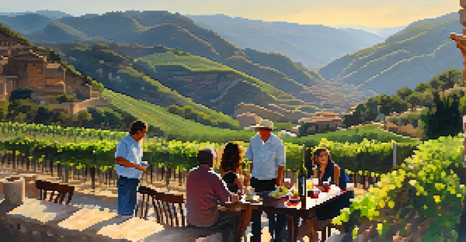Terraced vineyards of Priorat with tourists engaging in wine tasting against a mountain backdrop.