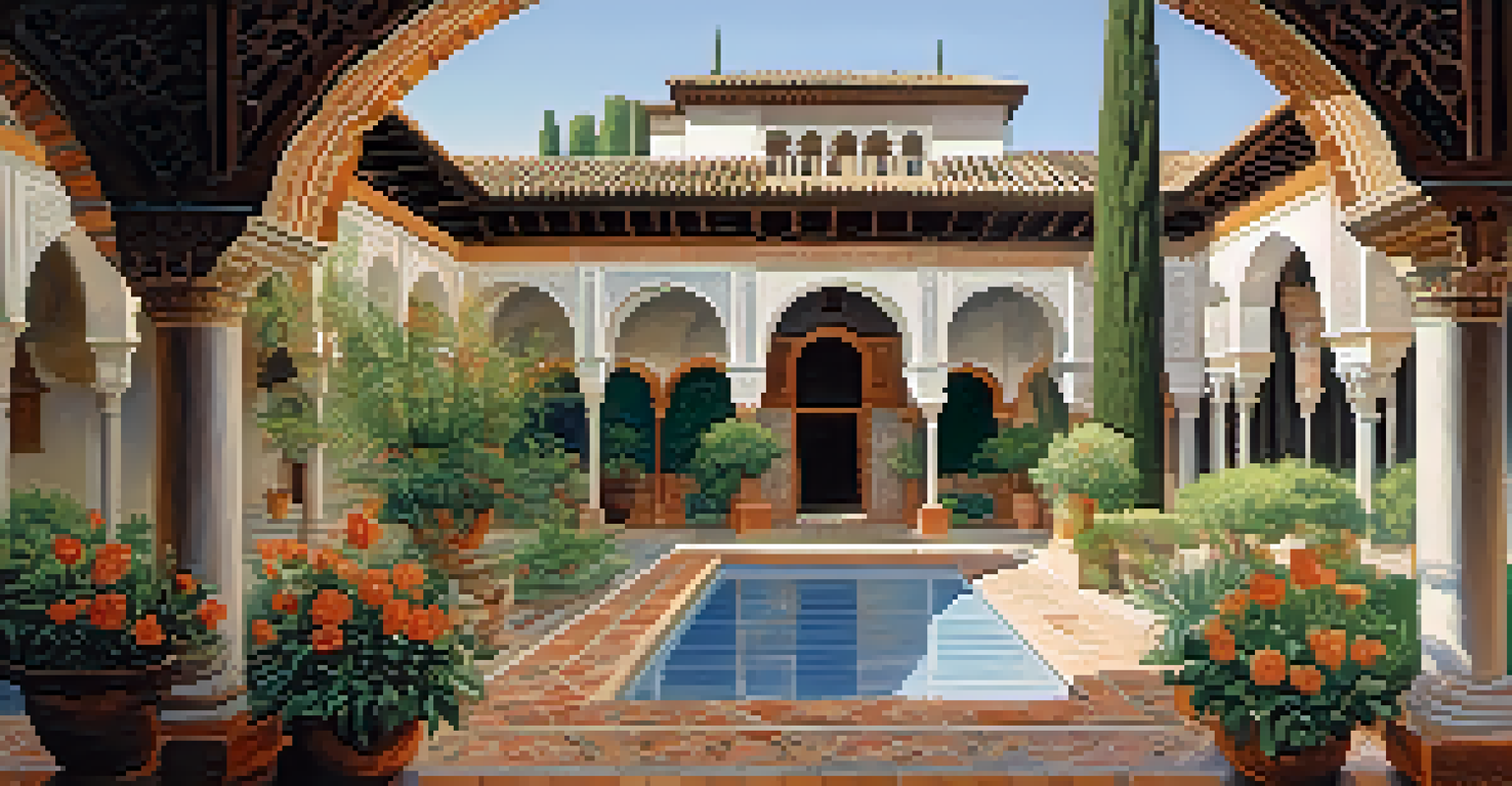 The Palacio de Generalife in Granada, showcasing intricate Moorish architecture surrounded by colorful gardens and soft sunlight.