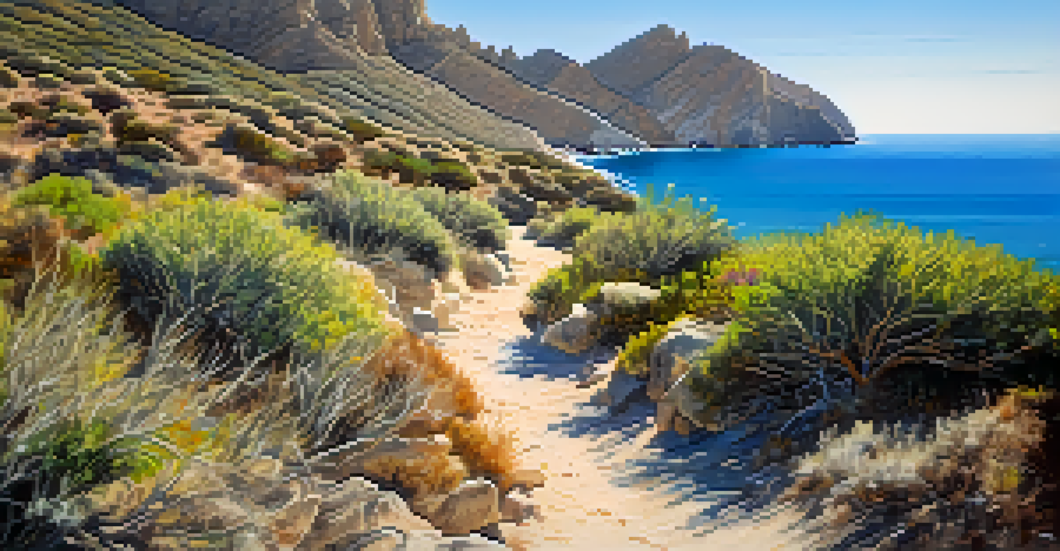 A coastal hiking trail in Cabo de Gata-Níjar Natural Park with cliffs and a beach in the background.