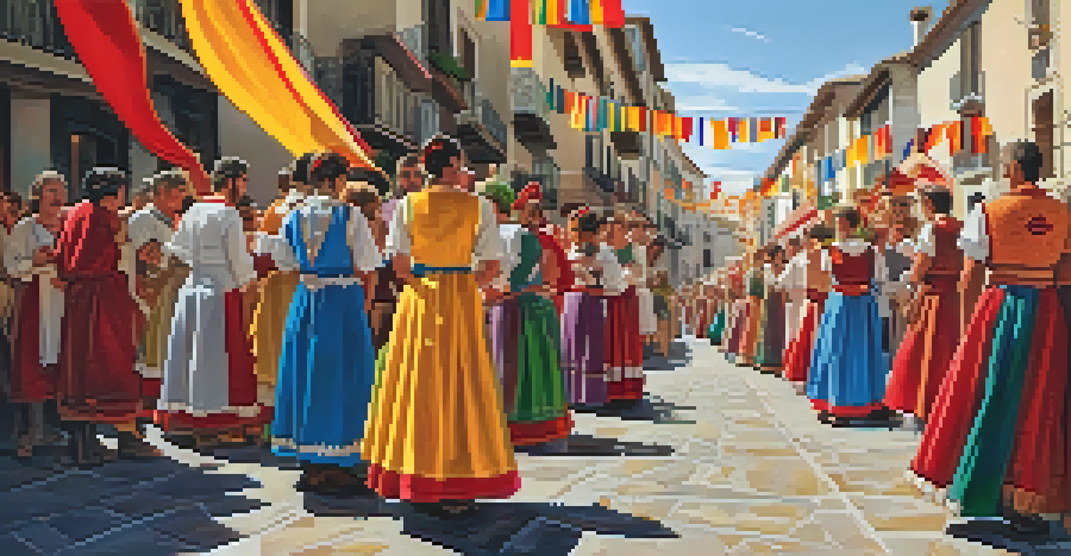 A lively cultural festival on a pilgrimage route in Spain, with locals and pilgrims engaging in traditional customs and crafts.