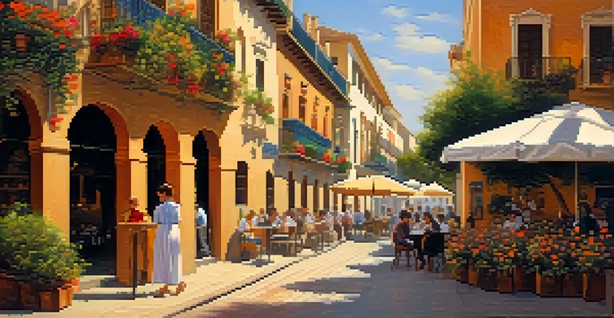 A lively street in Seville with traditional architecture, flowers, a café terrace, and an artist painting in warm sunlight.
