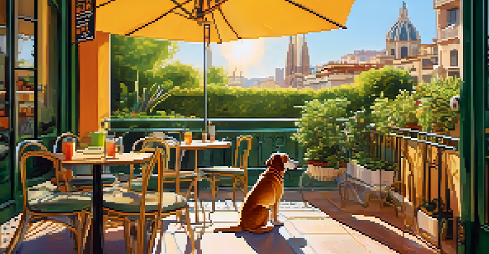 A vibrant terrace of a café in Barcelona with a dog lounging at its owner's feet, bright tables, and Gaudí architecture in the background.